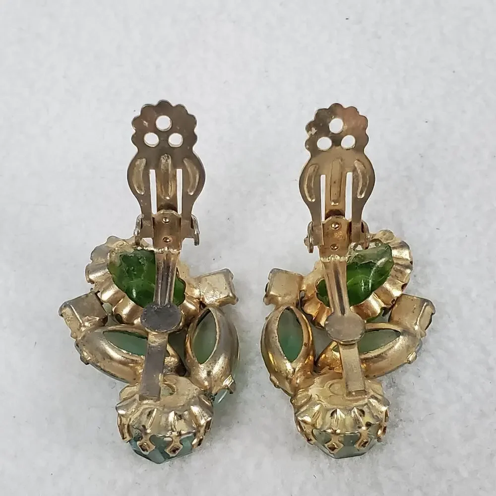Vintage MCM Green Rhinestone Gold Tone Brooch and Earrings Set